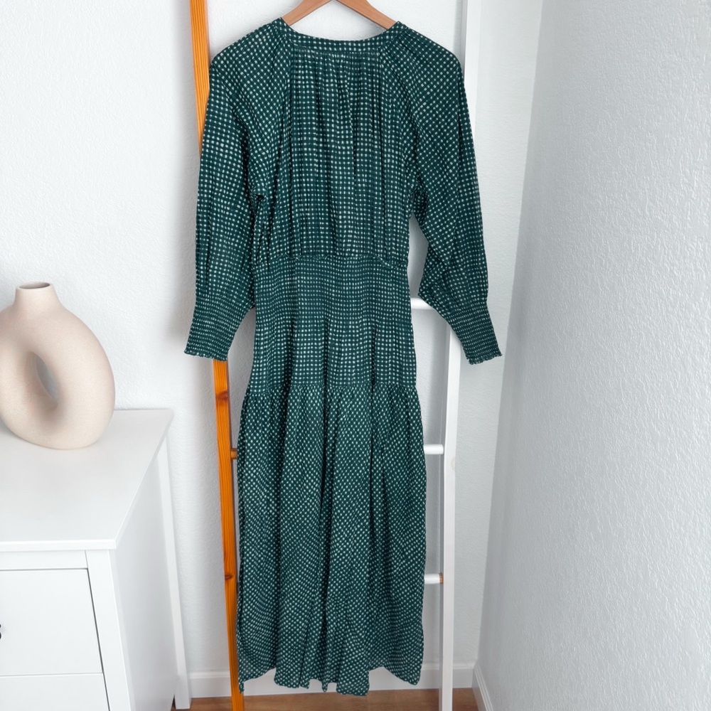 Apiece Apart La Ventura Maxi Dress Green Smocked Long Sleeves Mini Gingham - Picture 5 of 11